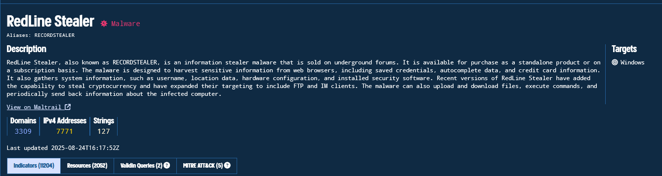 Validin overview aggregating RedLine domains, IPv4s, strings, and IOCs